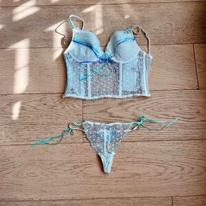 Y2K Angel Lace Bra and Panty Set - White and Blue